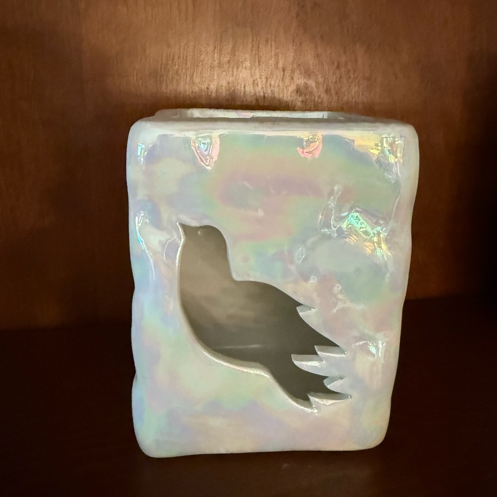 Iridescent White Candle Holder with Bird Cutout